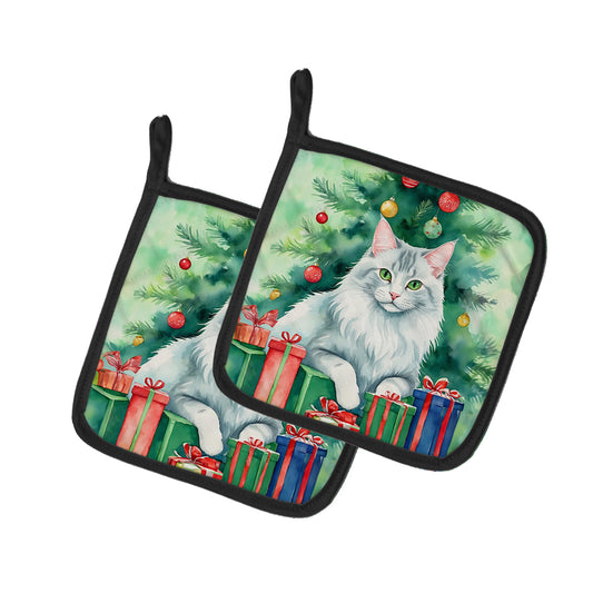 Buy this Turkish Angora Cat By the Christmas Tree Pair of Pot Holders