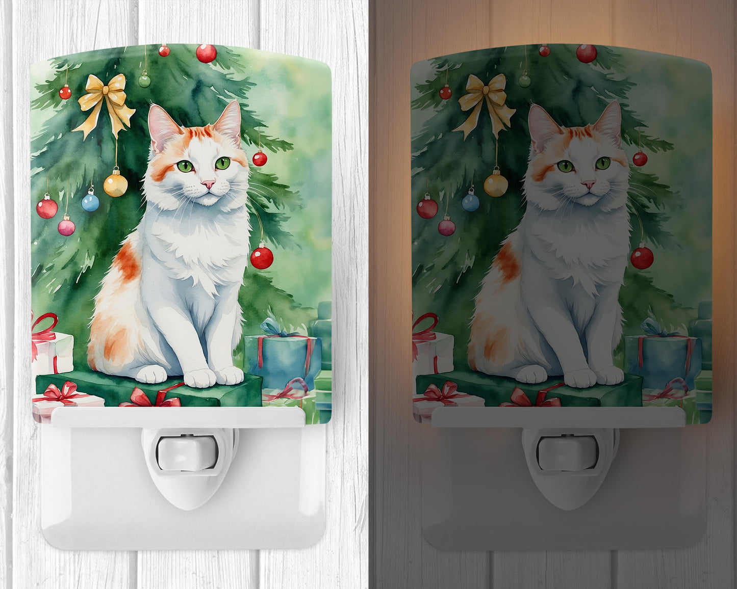 Turkish Van Cat By the Christmas Tree Ceramic Night Light