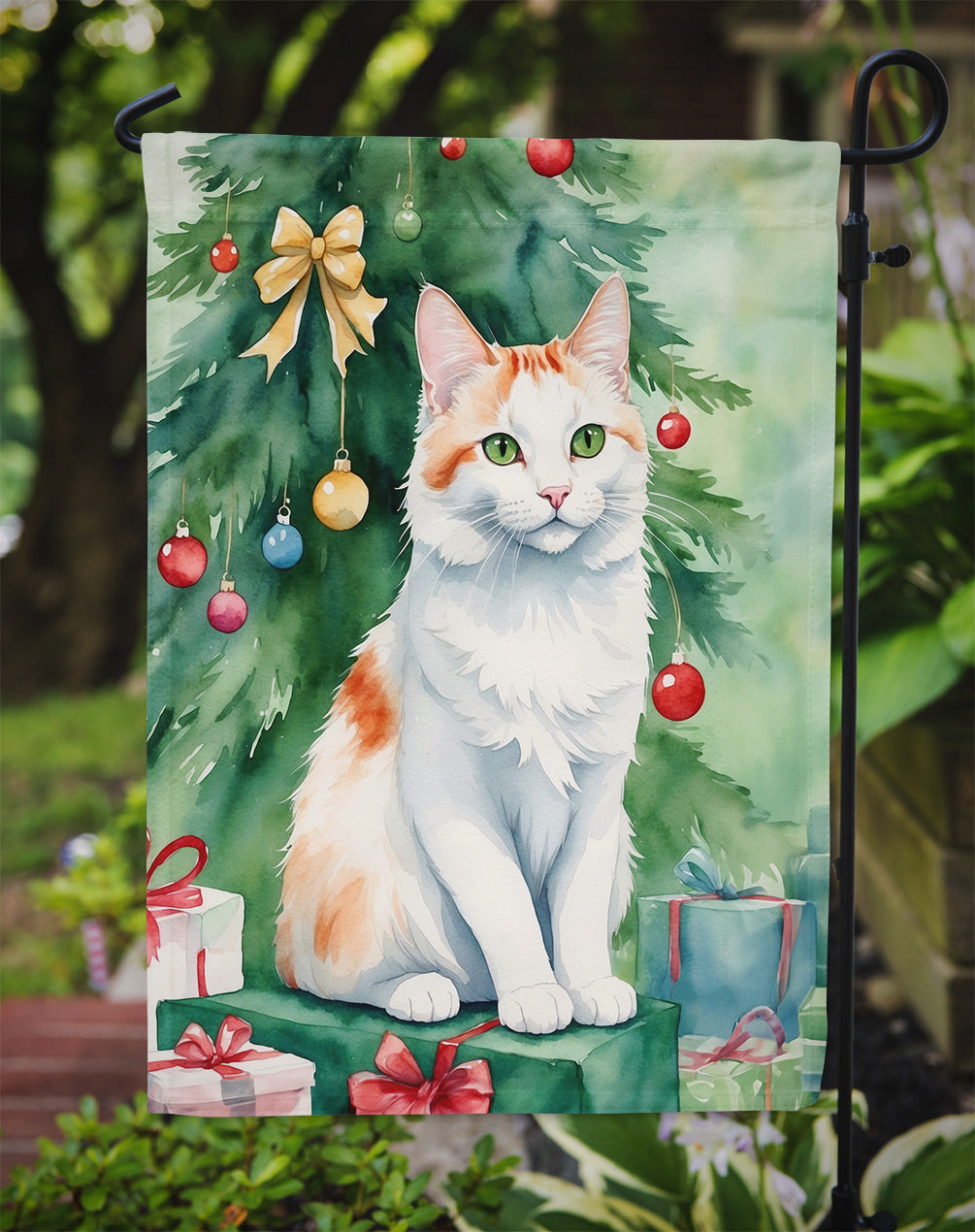 Turkish Van Cat By the Christmas Tree Garden Flag