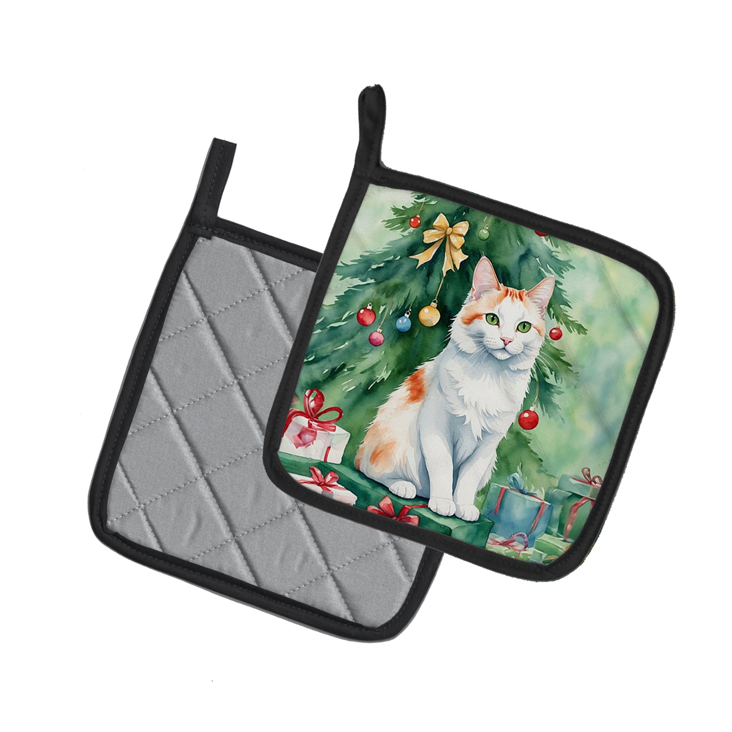 Turkish Van Cat By the Christmas Tree Pair of Pot Holders