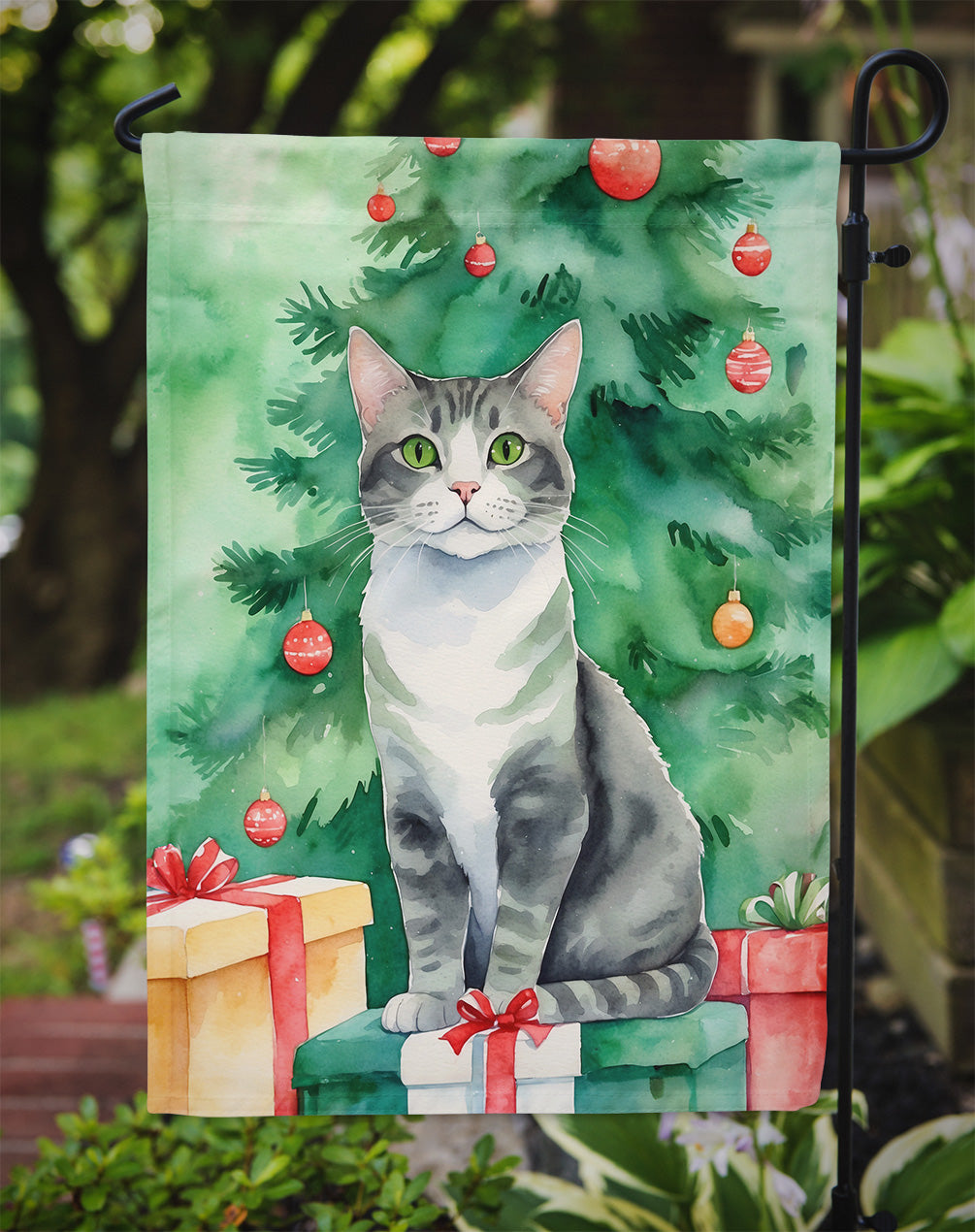 Ural Rex Cat By the Christmas Tree Garden Flag