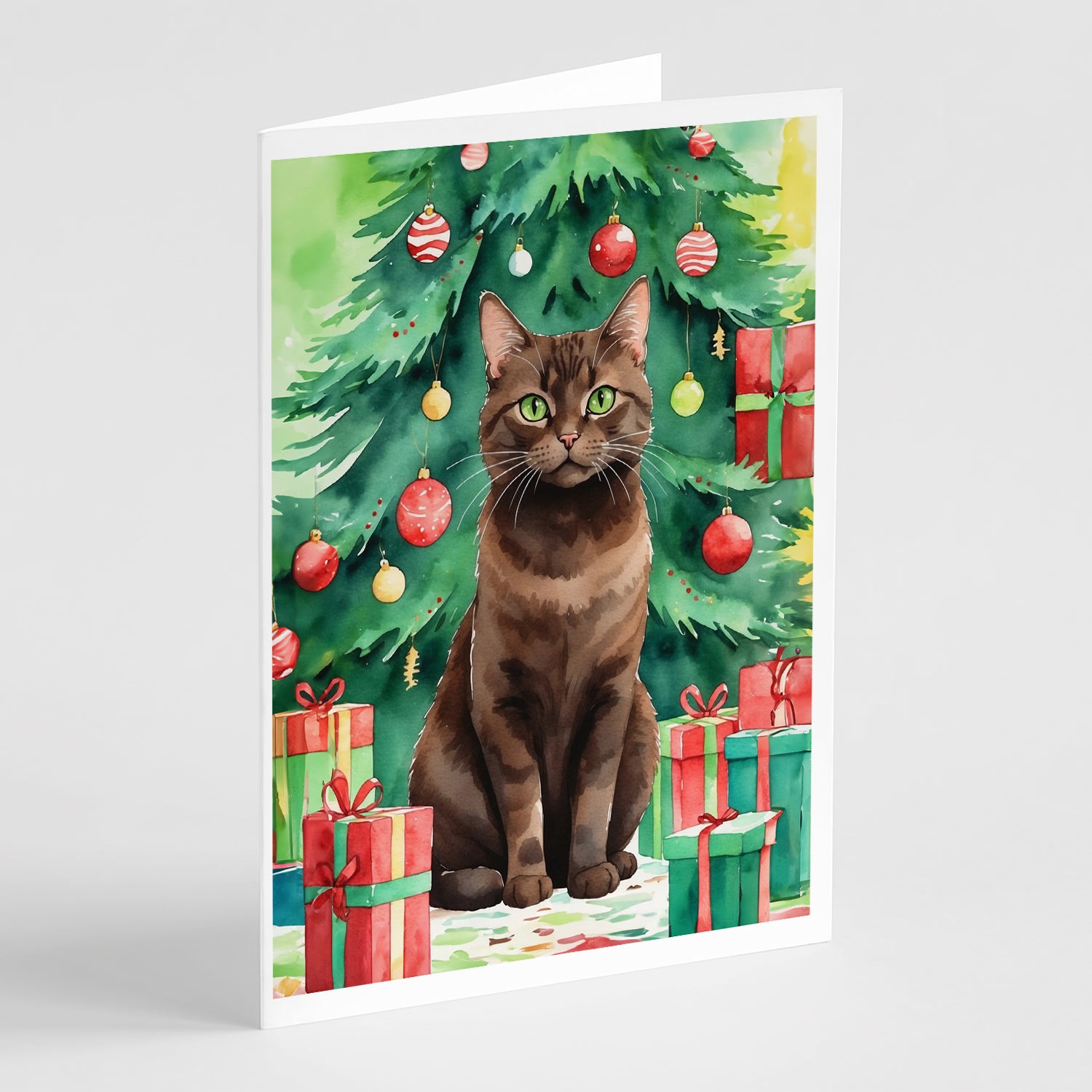 Buy this York Chocolate Cat By the Christmas Tree Greeting Cards Pack of 8