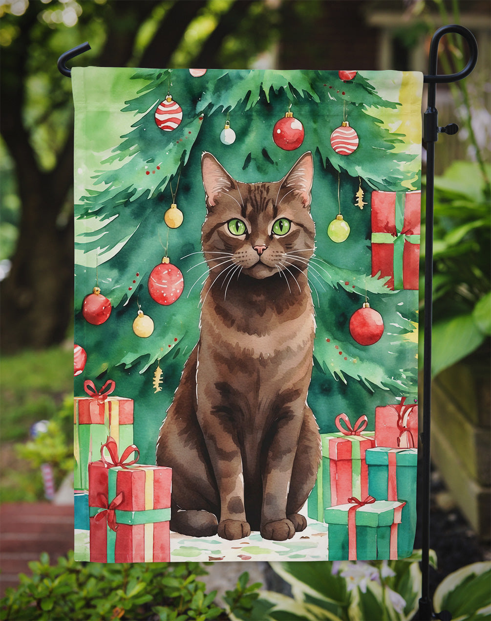 York Chocolate Cat By the Christmas Tree Garden Flag