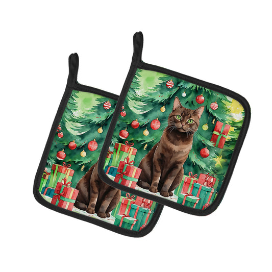 Buy this York Chocolate Cat By the Christmas Tree Pair of Pot Holders