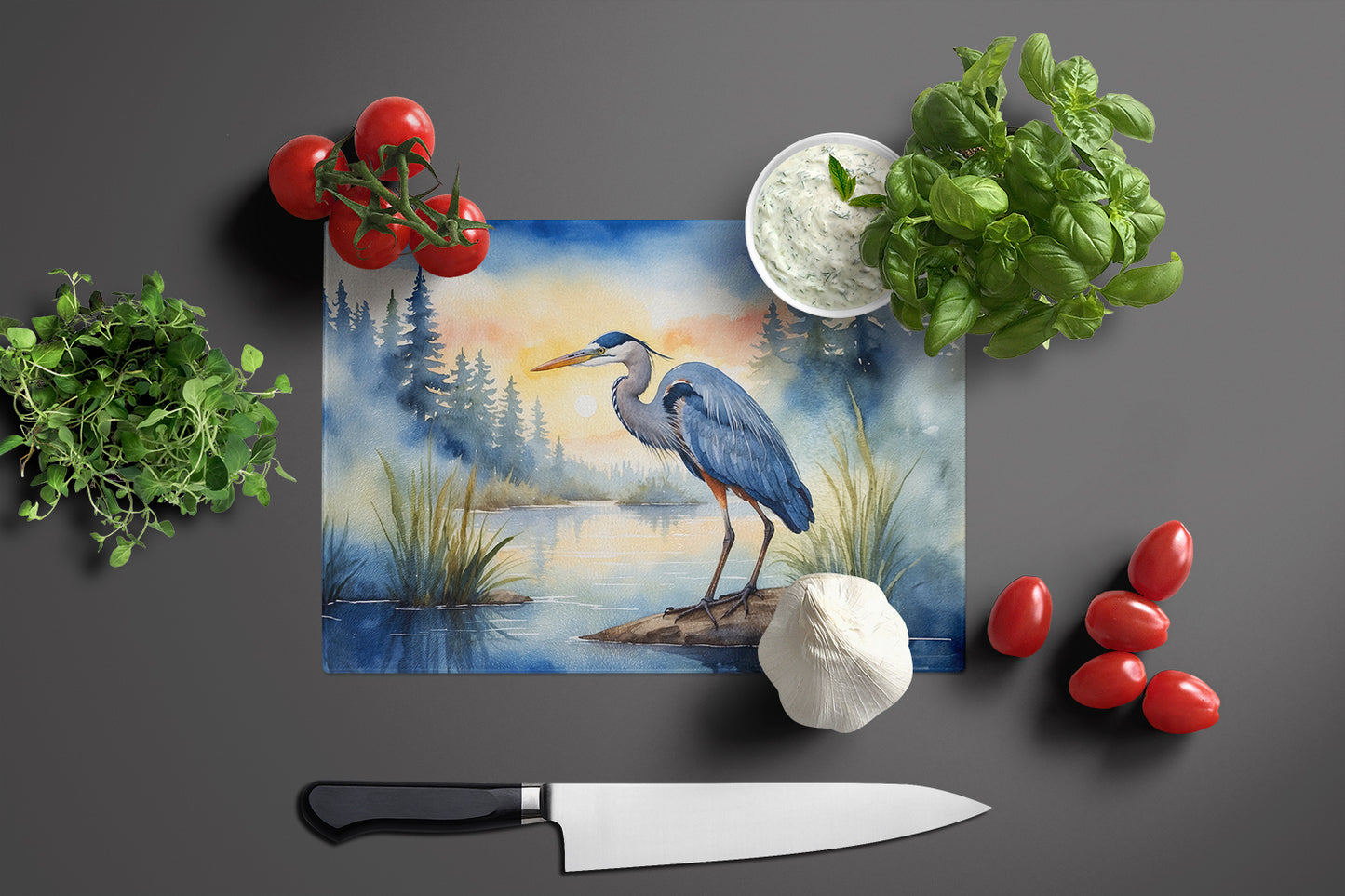 Blue Heron Emerging as the day fades Glass Cutting Board