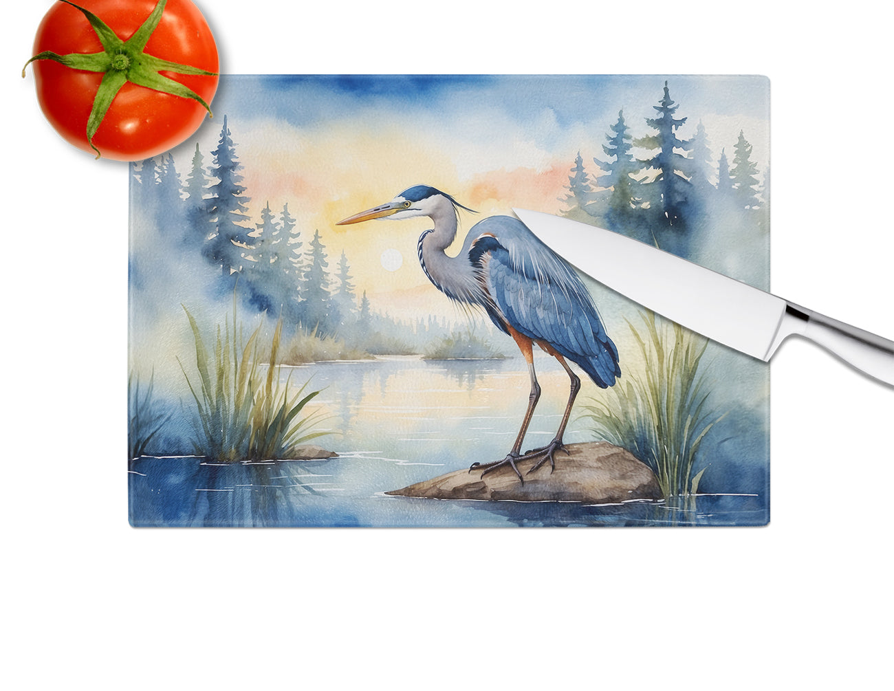 Blue Heron Emerging as the day fades Glass Cutting Board