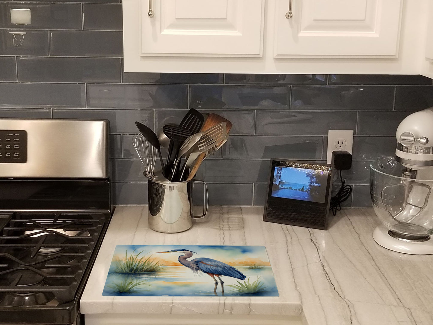 Blue Heron Emerging as the day fades Glass Cutting Board