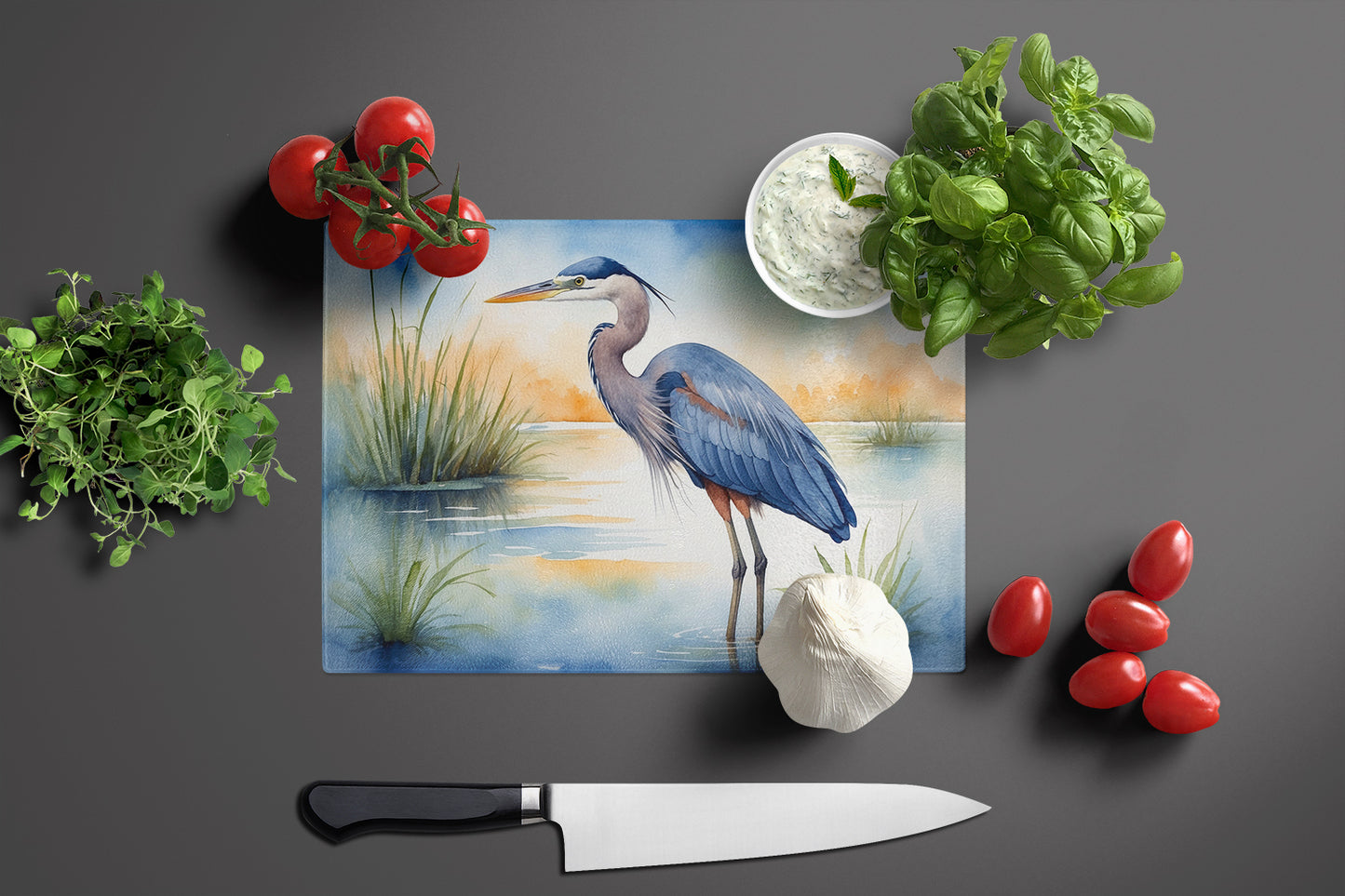 Blue Heron Emerging as the day fades Glass Cutting Board