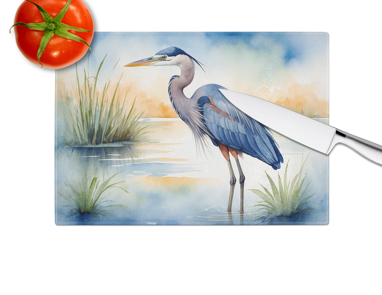 Blue Heron Emerging as the day fades Glass Cutting Board