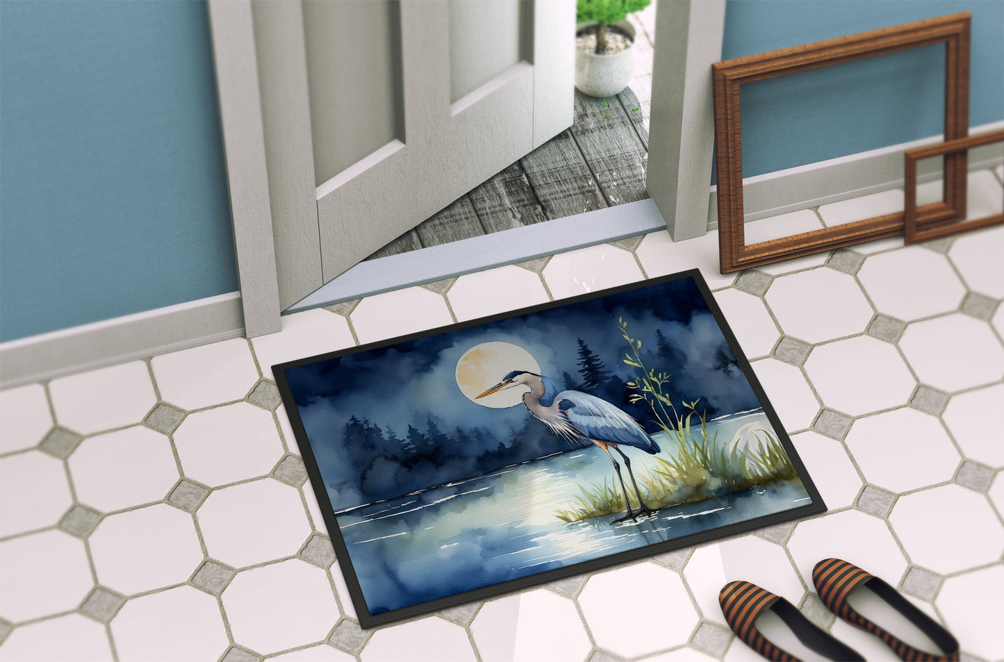 Blue Heron Under the Moonlight Doormat