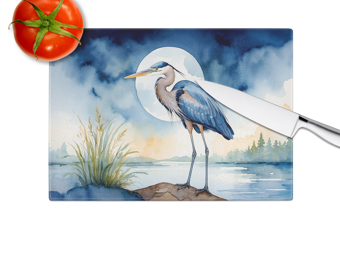 Blue Heron Under the Moonlight Glass Cutting Board