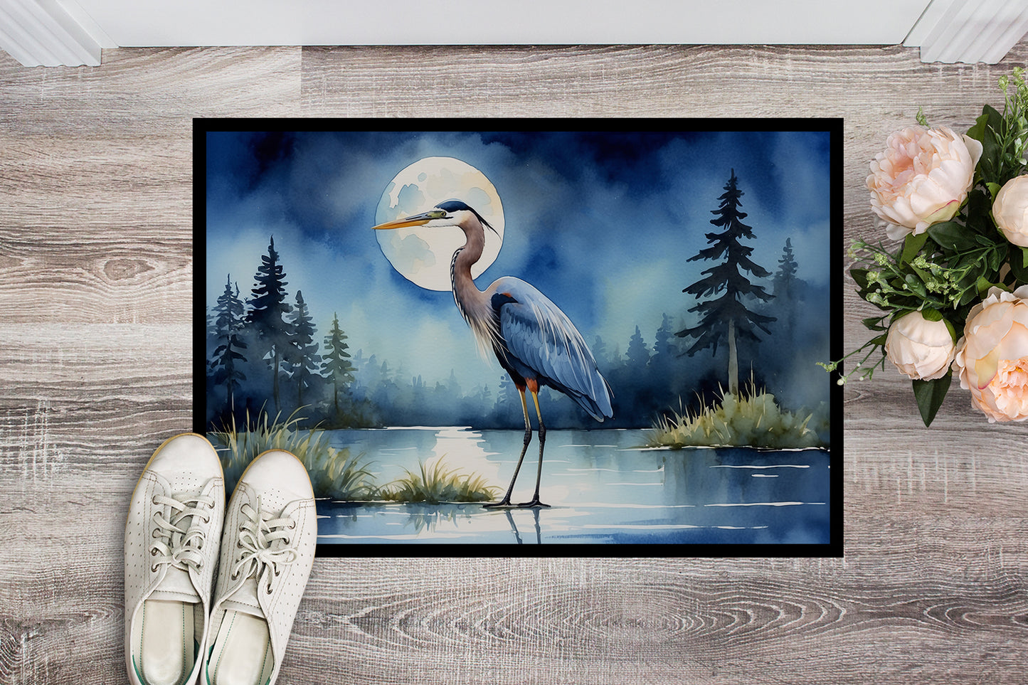 Blue Heron Under the Moonlight Doormat