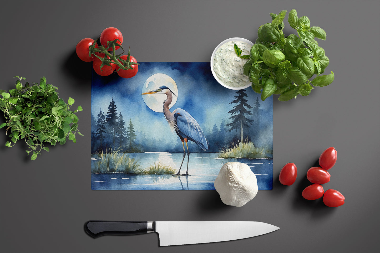 Blue Heron Under the Moonlight Glass Cutting Board