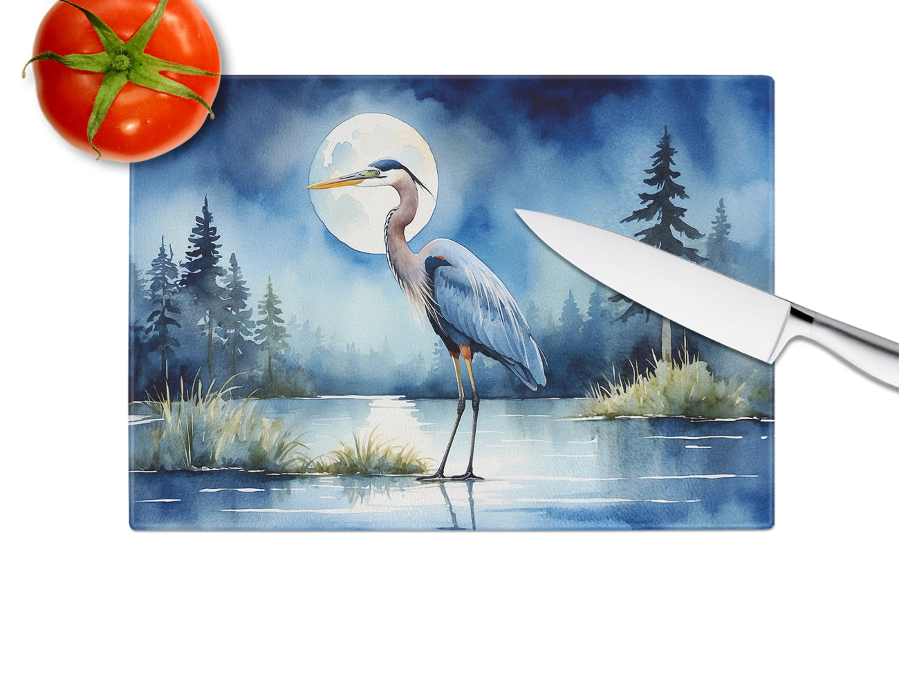 Blue Heron Under the Moonlight Glass Cutting Board