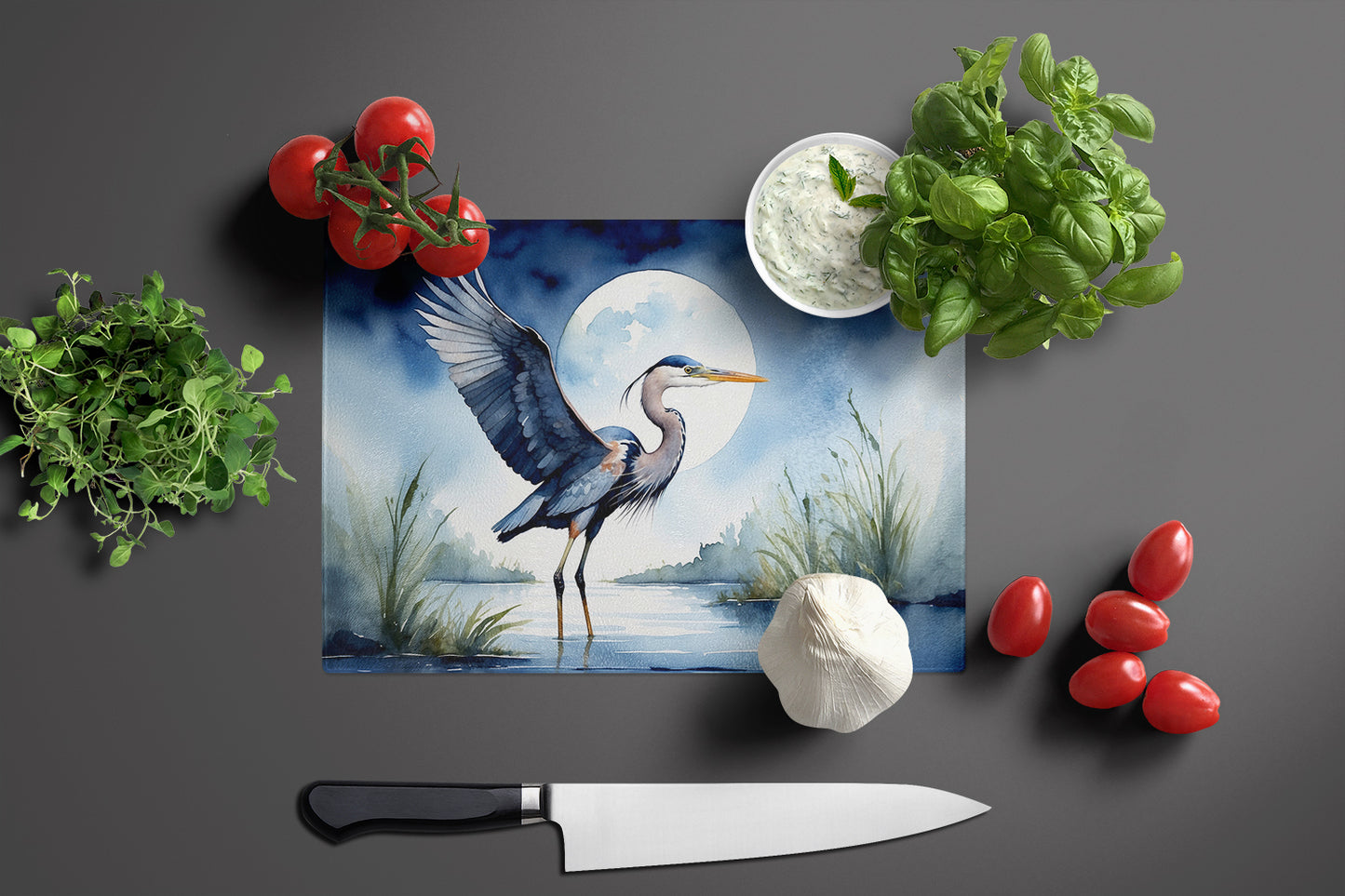 Blue Heron Under the Moonlight Glass Cutting Board