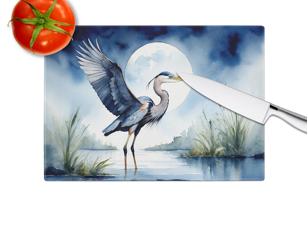 Blue Heron Under the Moonlight Glass Cutting Board