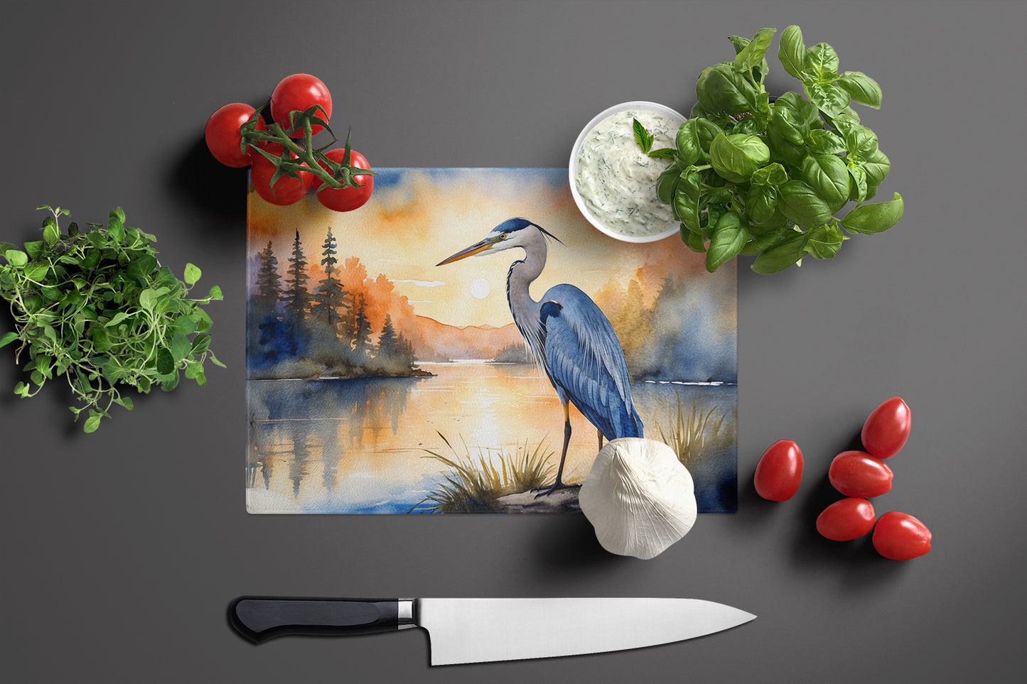 Blue Heron in the Golden Hour Glass Cutting Board