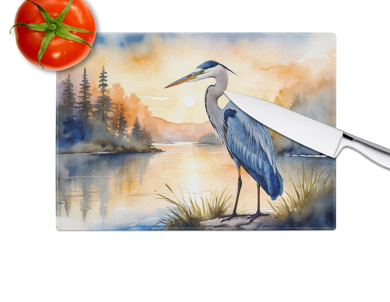 Blue Heron in the Golden Hour Glass Cutting Board