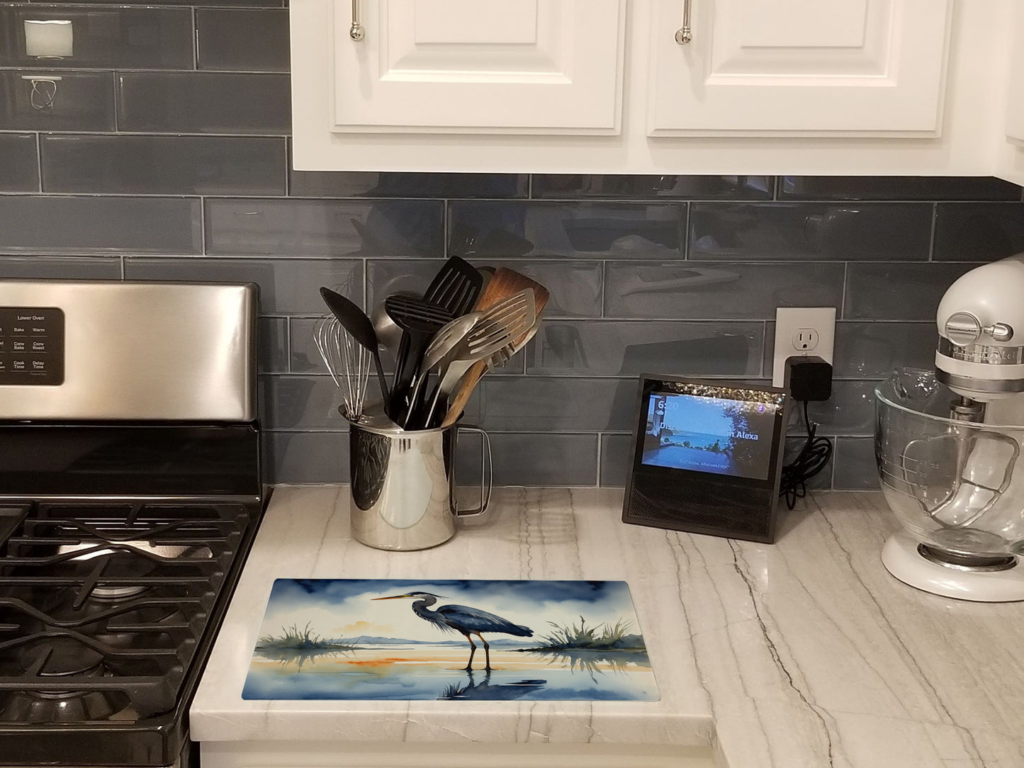 Blue Heron Barely Lit Sky Glass Cutting Board