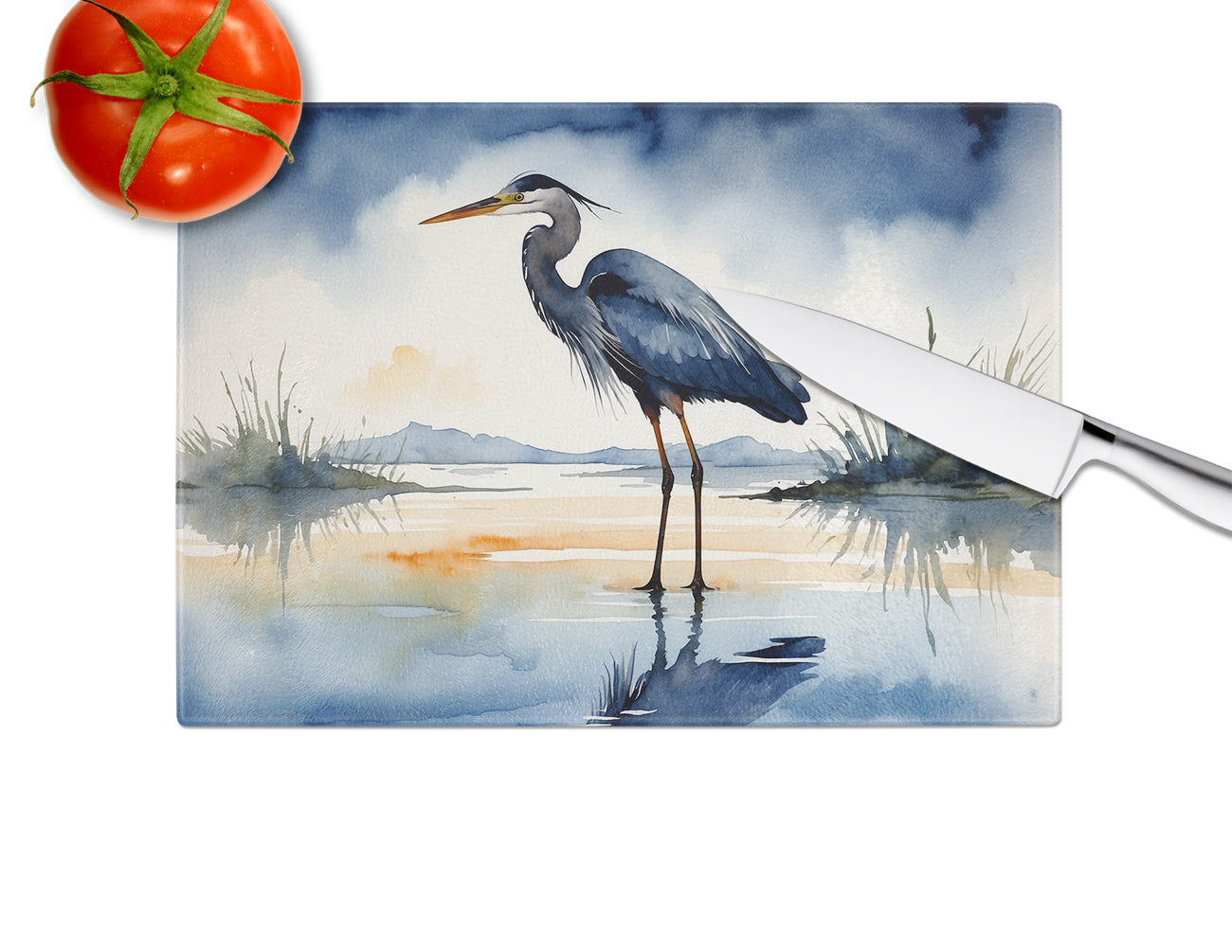 Blue Heron Barely Lit Sky Glass Cutting Board