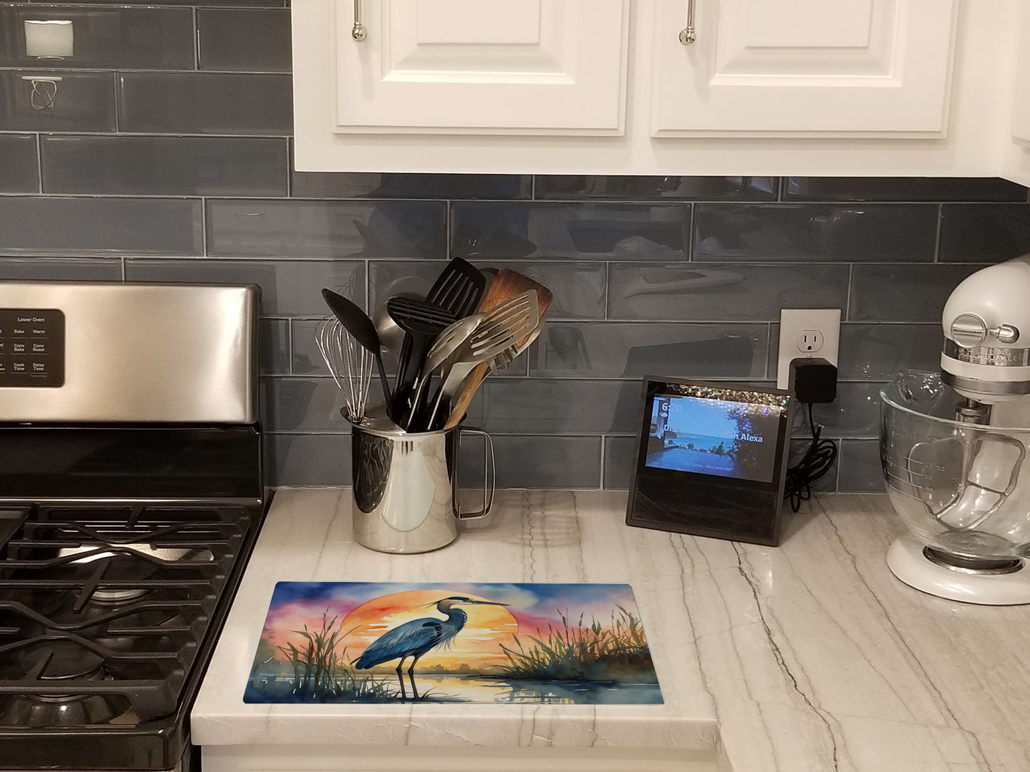 Blue Heron Setting Sun Glass Cutting Board