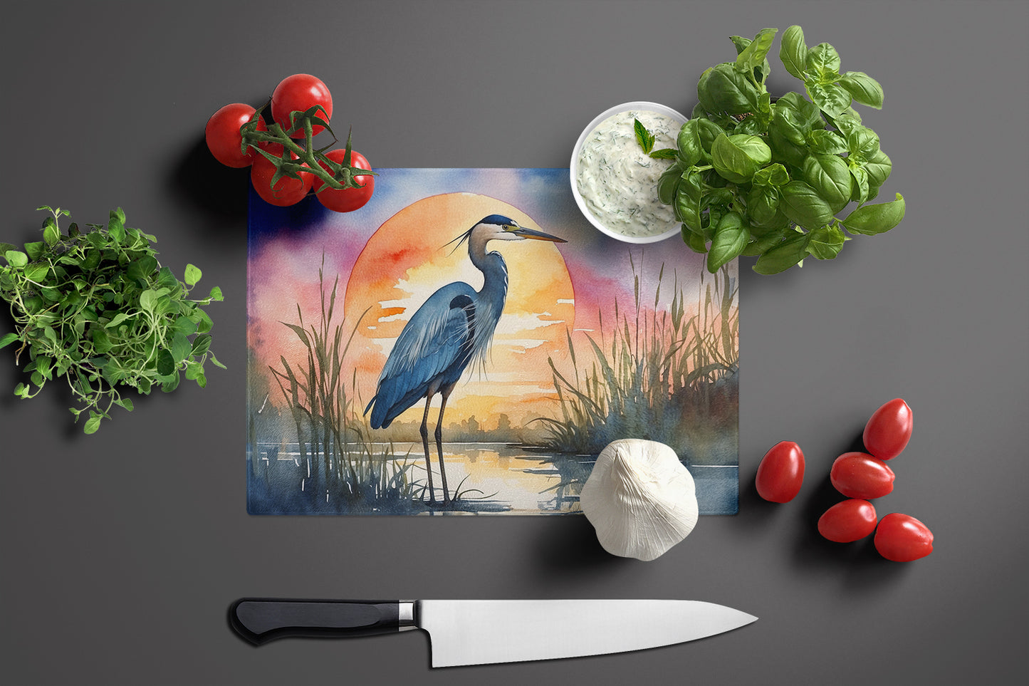 Blue Heron Setting Sun Glass Cutting Board