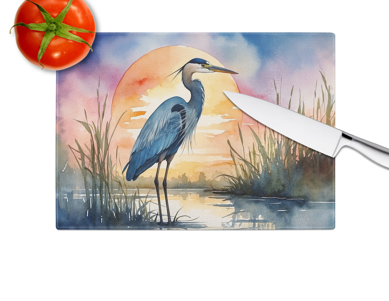 Blue Heron Setting Sun Glass Cutting Board