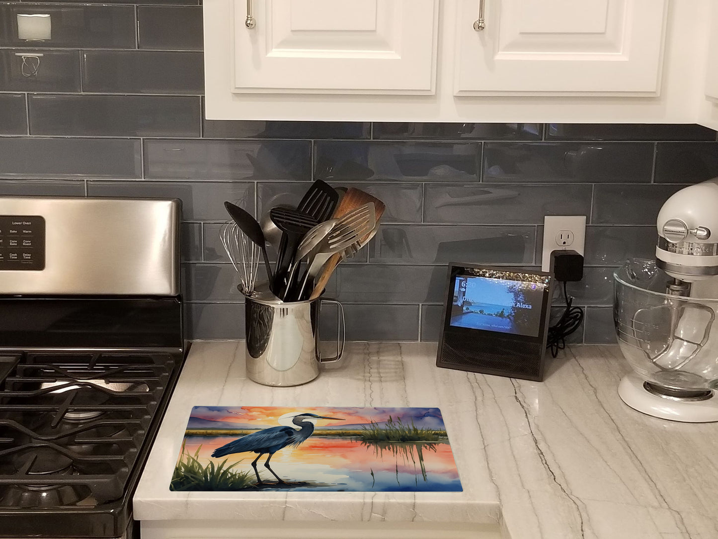 Blue Heron Setting Sun Glass Cutting Board