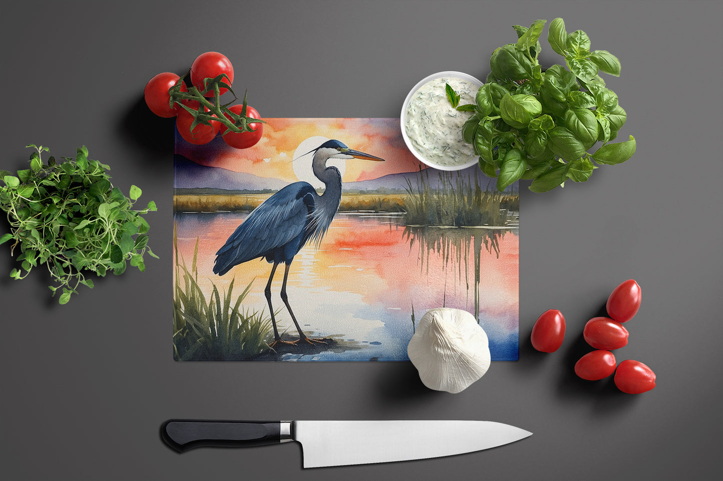 Blue Heron Setting Sun Glass Cutting Board