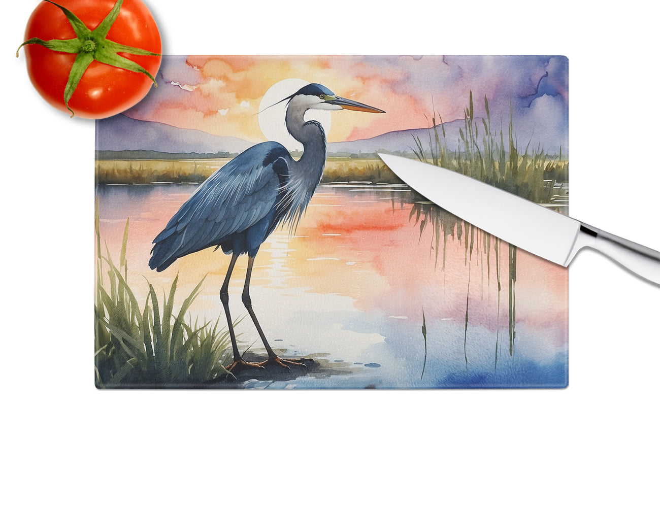 Blue Heron Setting Sun Glass Cutting Board