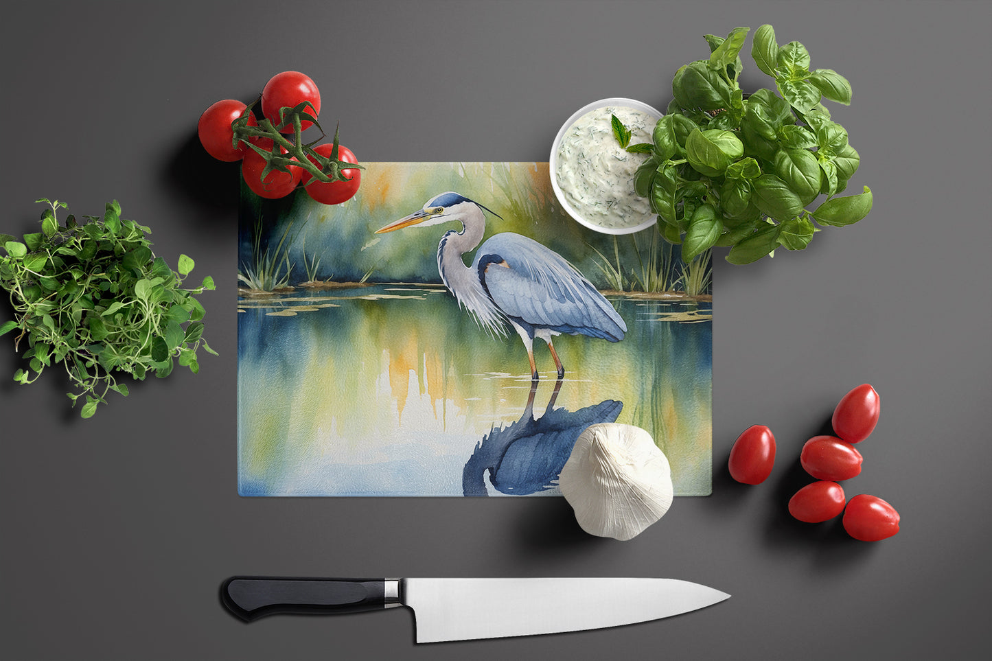 Blue Heron Stalking Prey Glass Cutting Board