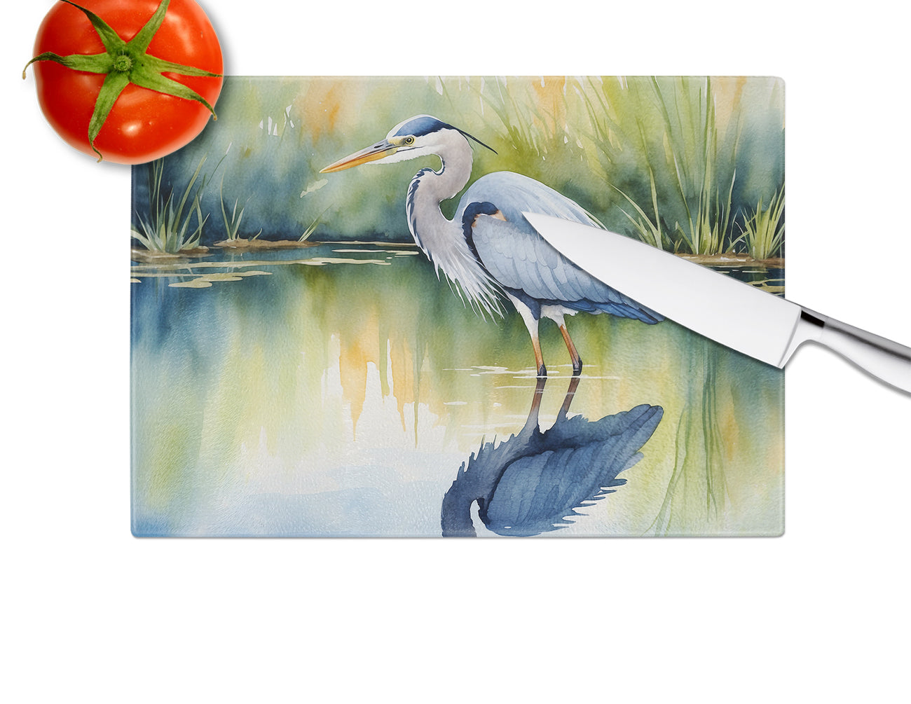 Blue Heron Stalking Prey Glass Cutting Board