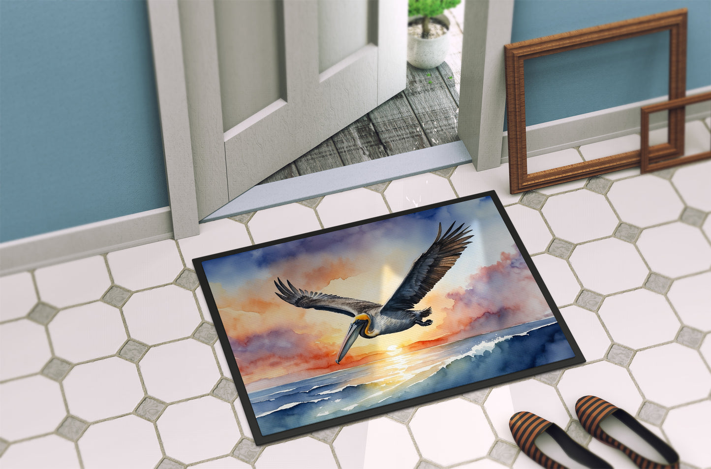 Pelican Fyling at Sunrise Doormat