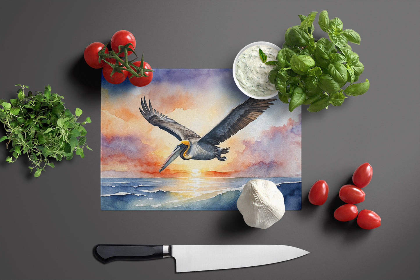 Pelican Fyling at Sunrise Glass Cutting Board