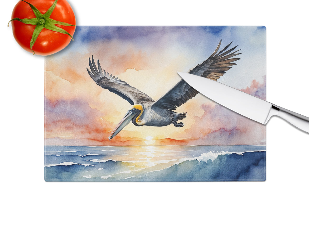 Pelican Fyling at Sunrise Glass Cutting Board