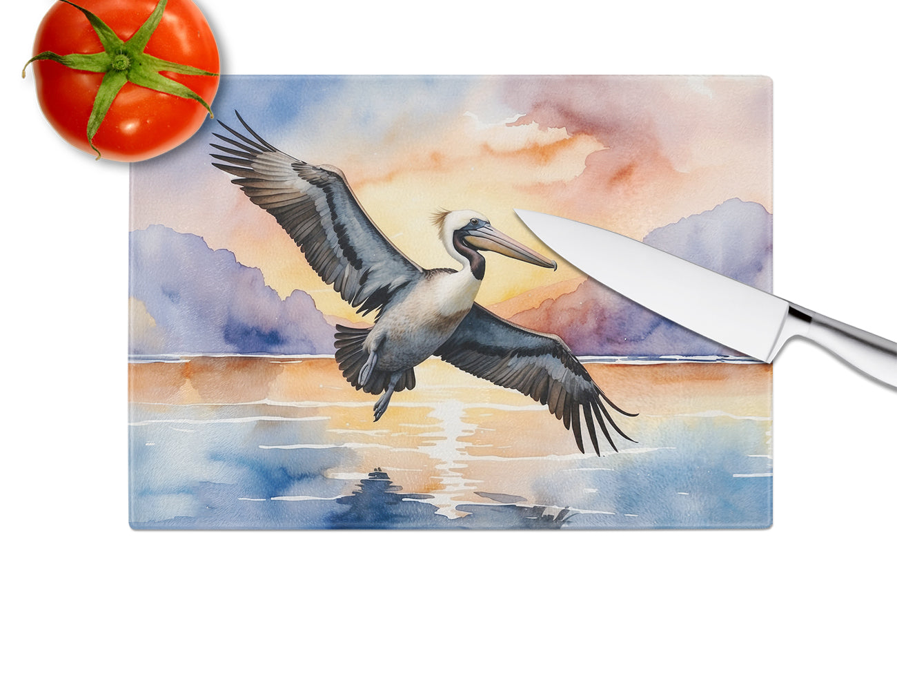 Pelican Fyling at Sunrise Glass Cutting Board