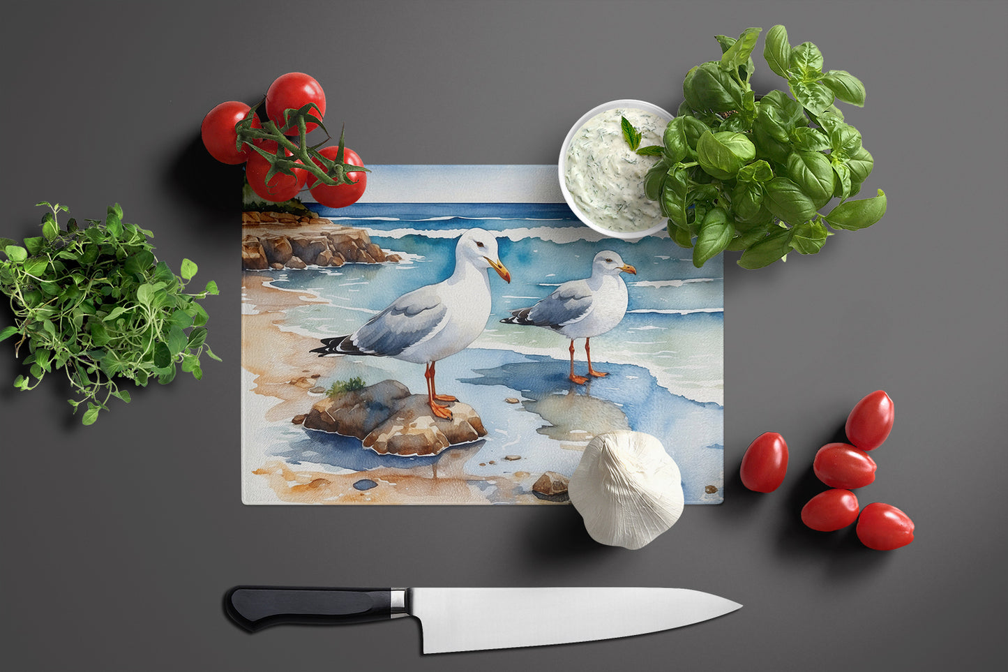 Gulls Scavenging Glass Cutting Board