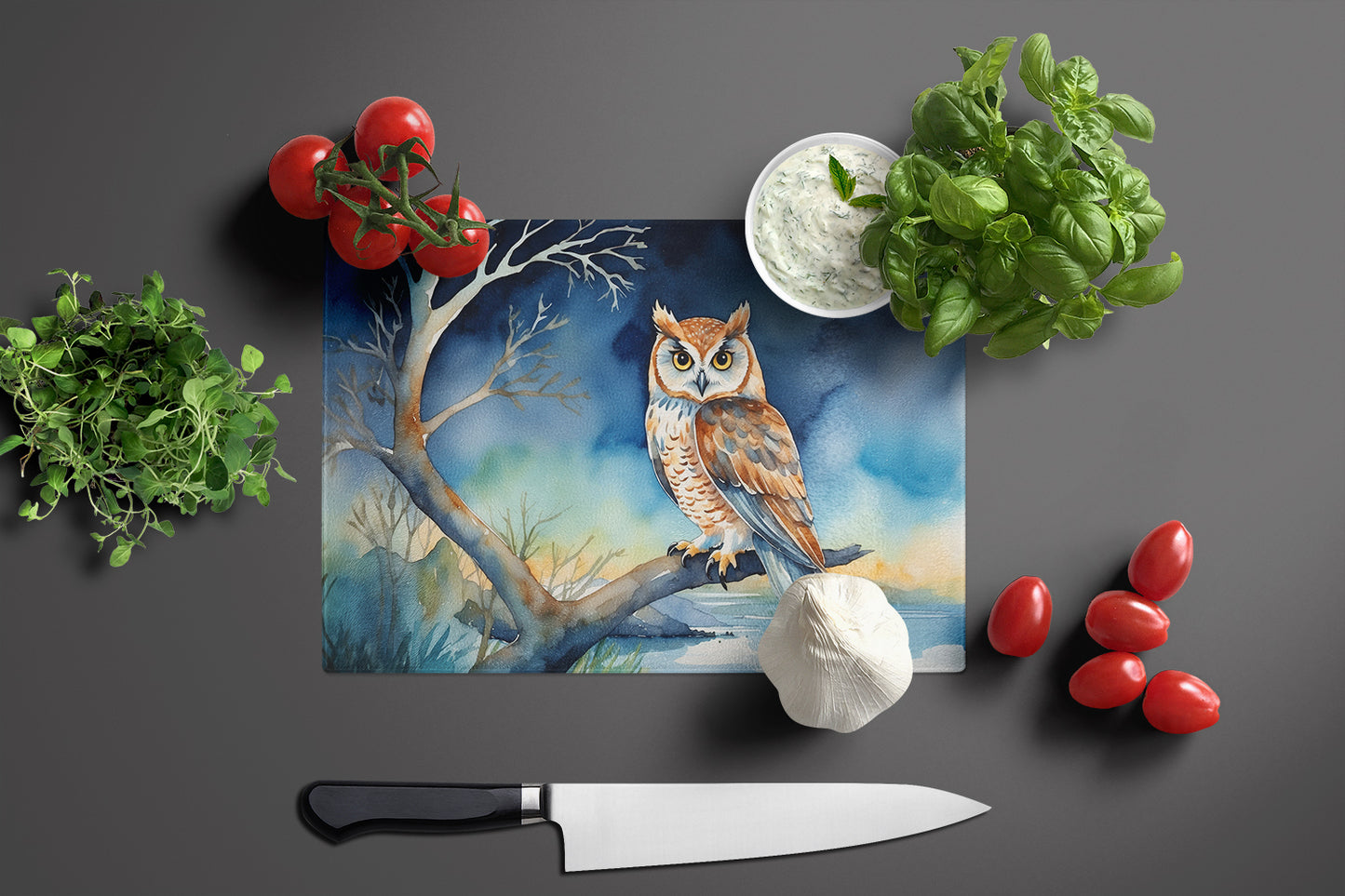 Owl Perched in Coastal Tree Glass Cutting Board