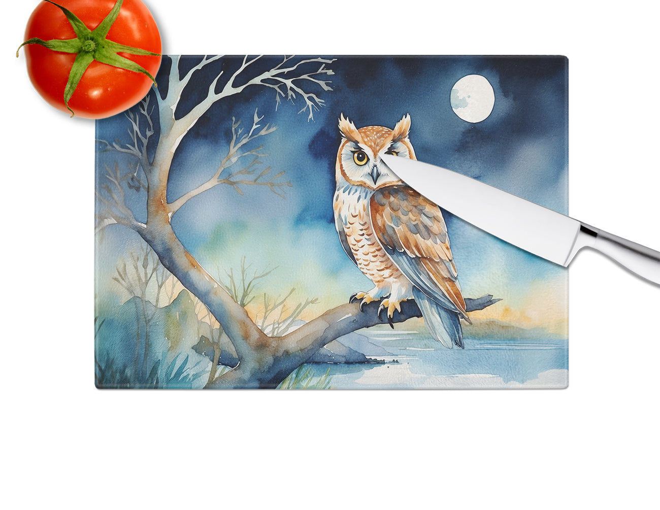 Owl Perched in Coastal Tree Glass Cutting Board