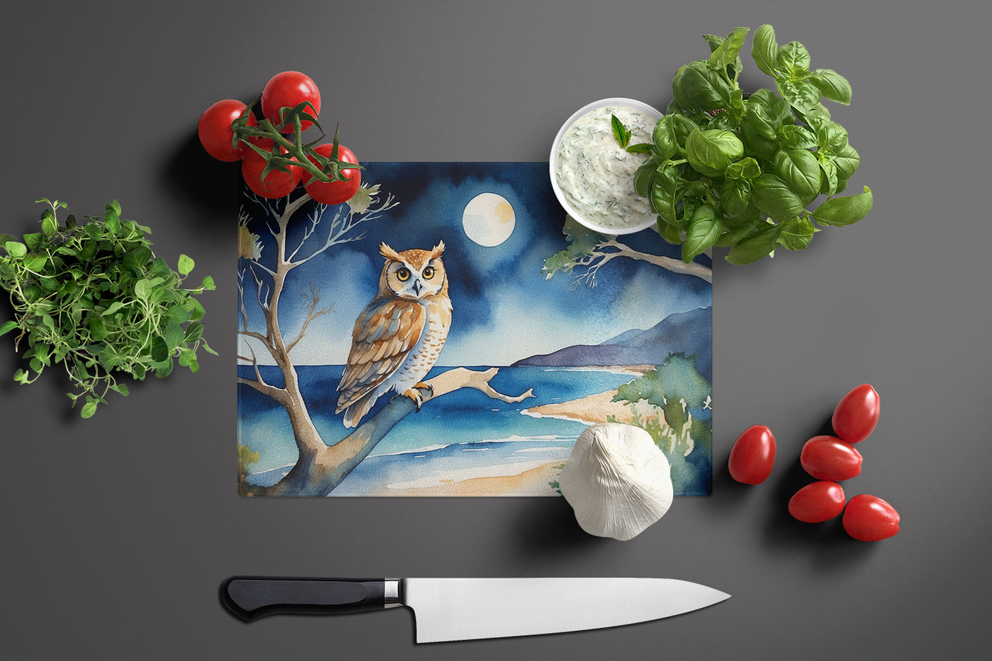 Owl Perched in Coastal Tree Glass Cutting Board