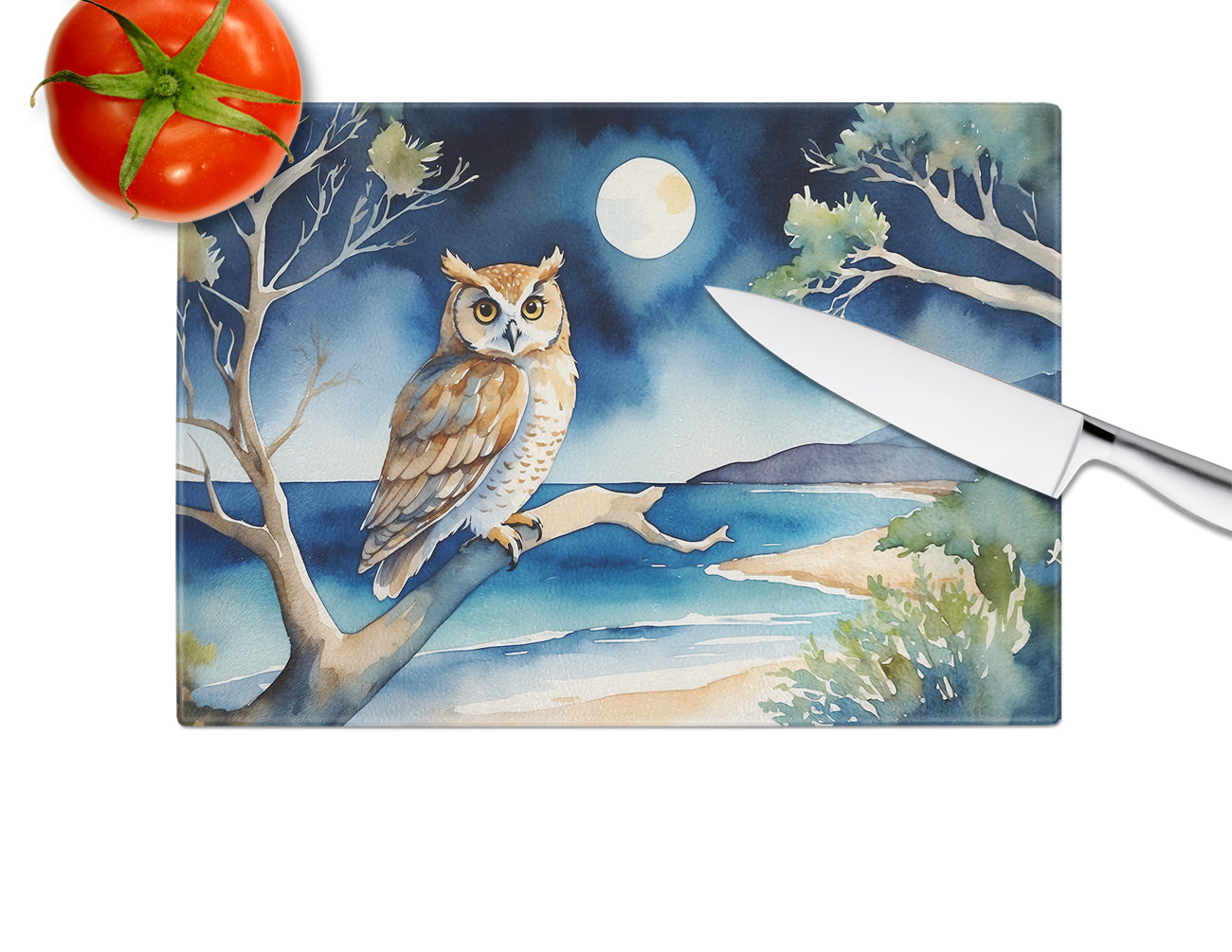 Owl Perched in Coastal Tree Glass Cutting Board