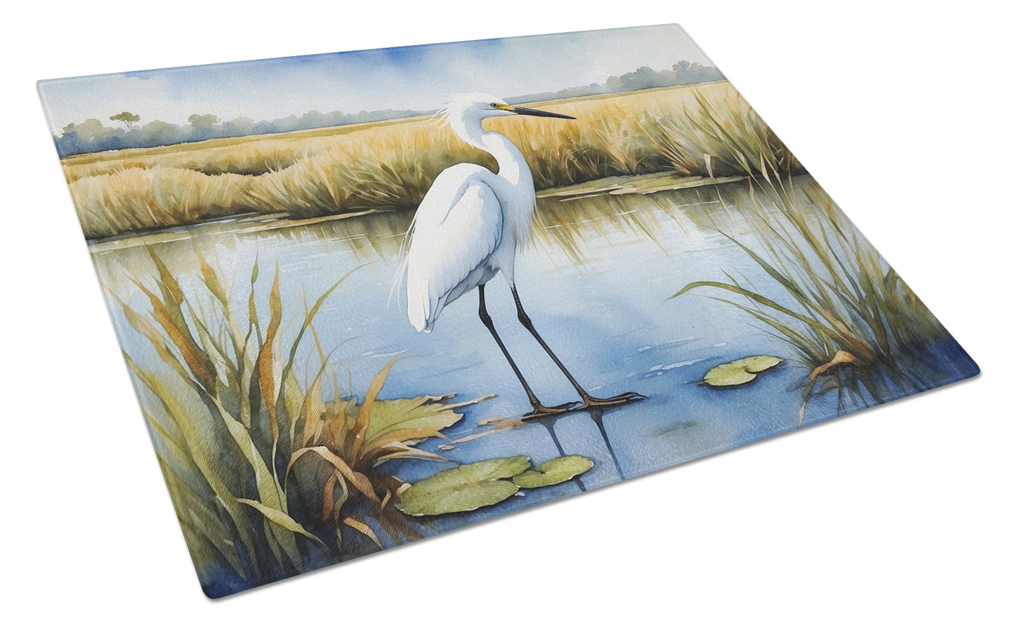 Buy this Snowy Egret in Coastal Marshes Glass Cutting Board