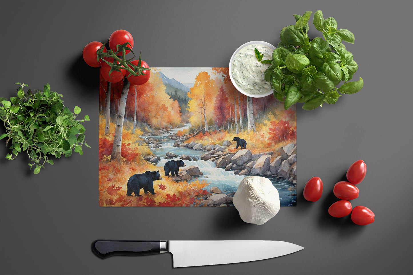 Bears Autumn in the Woods Glass Cutting Board