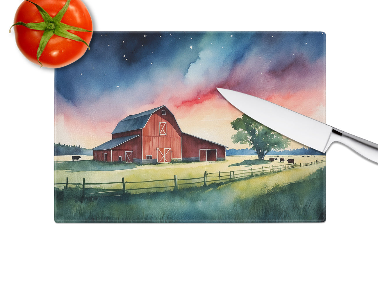 Barn at Twilight Glass Cutting Board