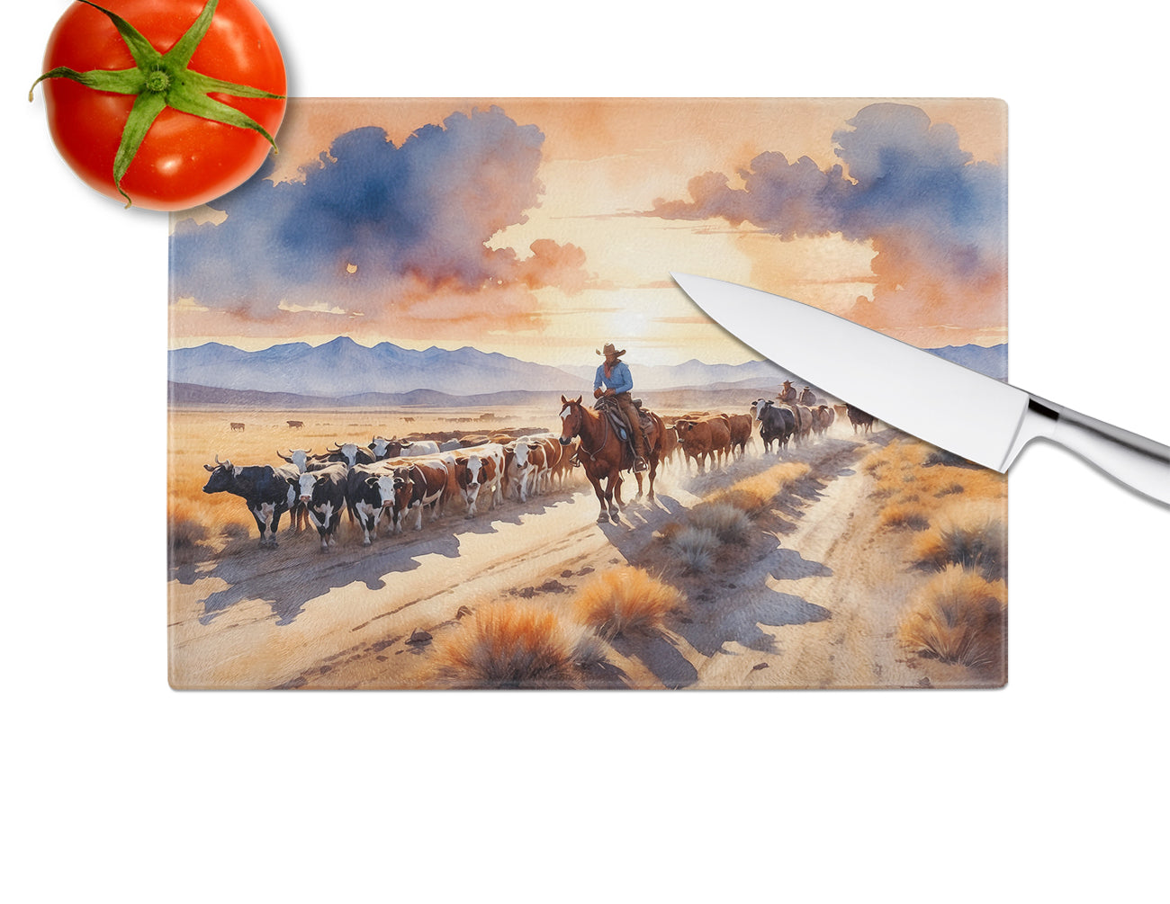 Cattle Drive at Sunset Glass Cutting Board