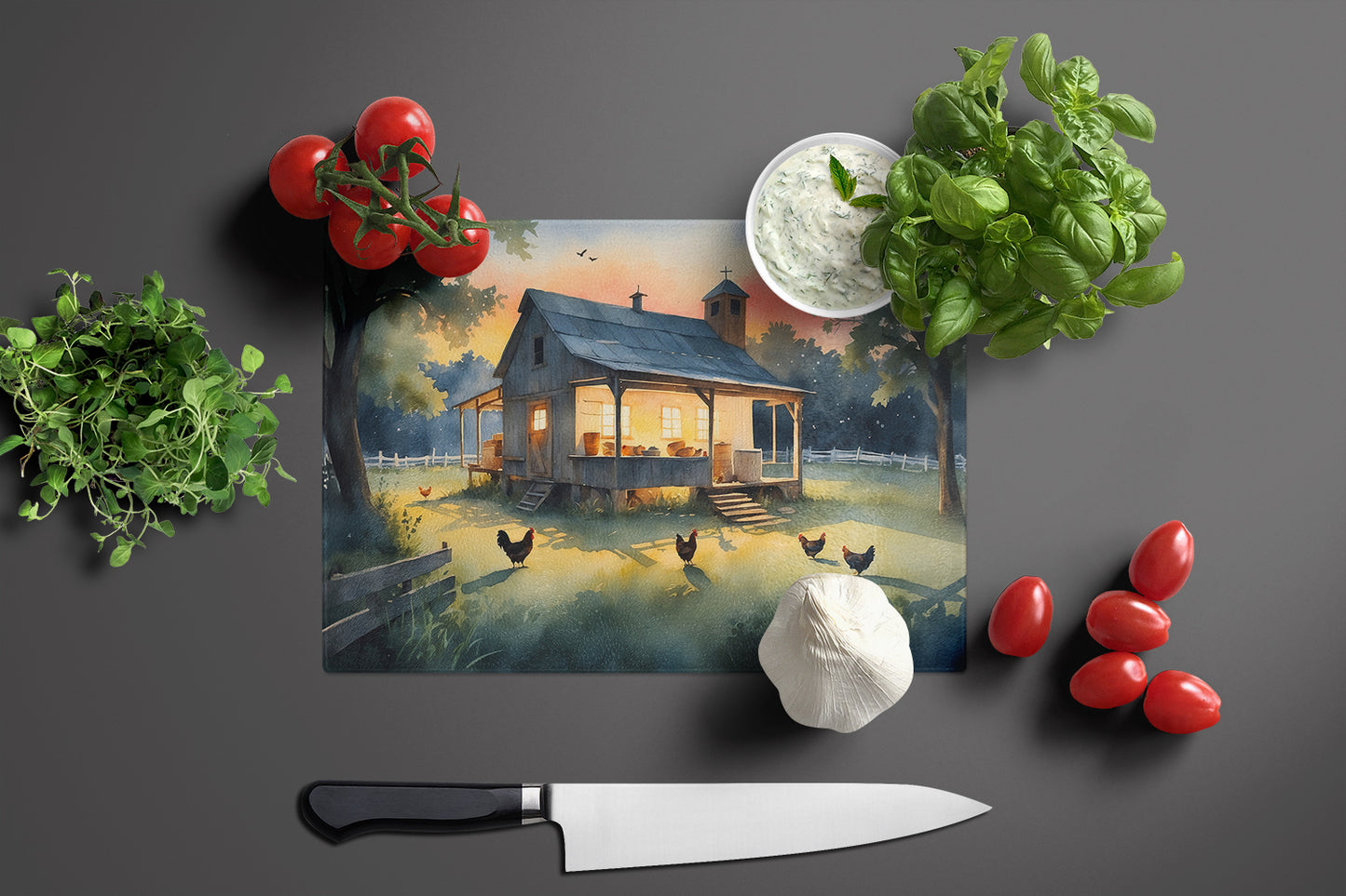 Chicken Coop at Dawn Glass Cutting Board