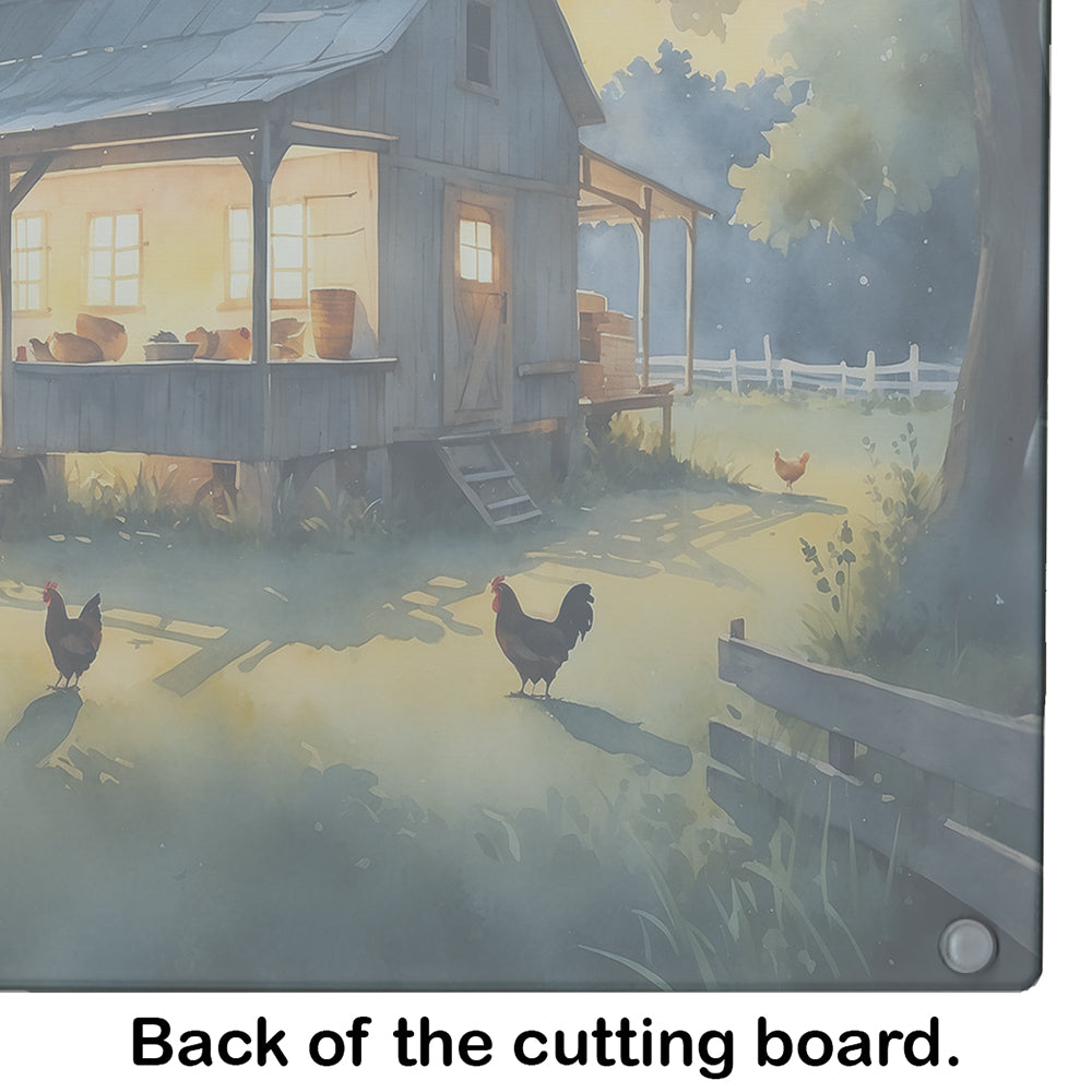 Chicken Coop at Dawn Glass Cutting Board