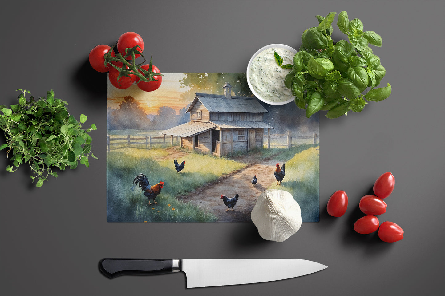 Chicken Coop at Dawn Glass Cutting Board