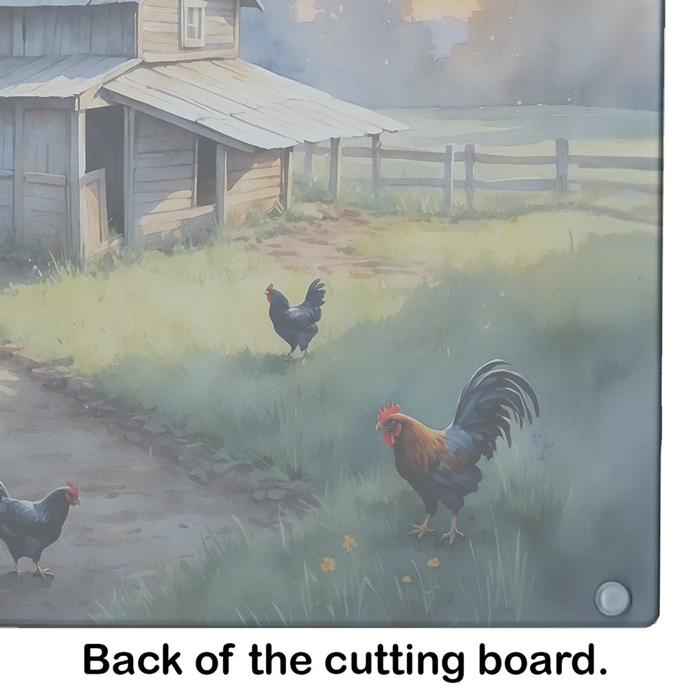 Chicken Coop at Dawn Glass Cutting Board