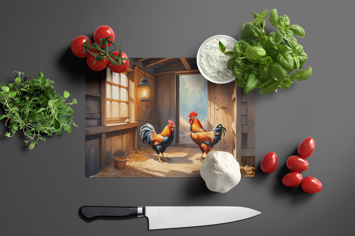 Chickens in the Coop Glass Cutting Board